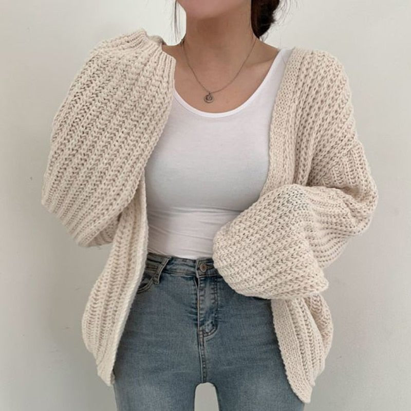 Women's Chunky Oversized Knit Ribbed Wool V-Neck Cardigan - White
