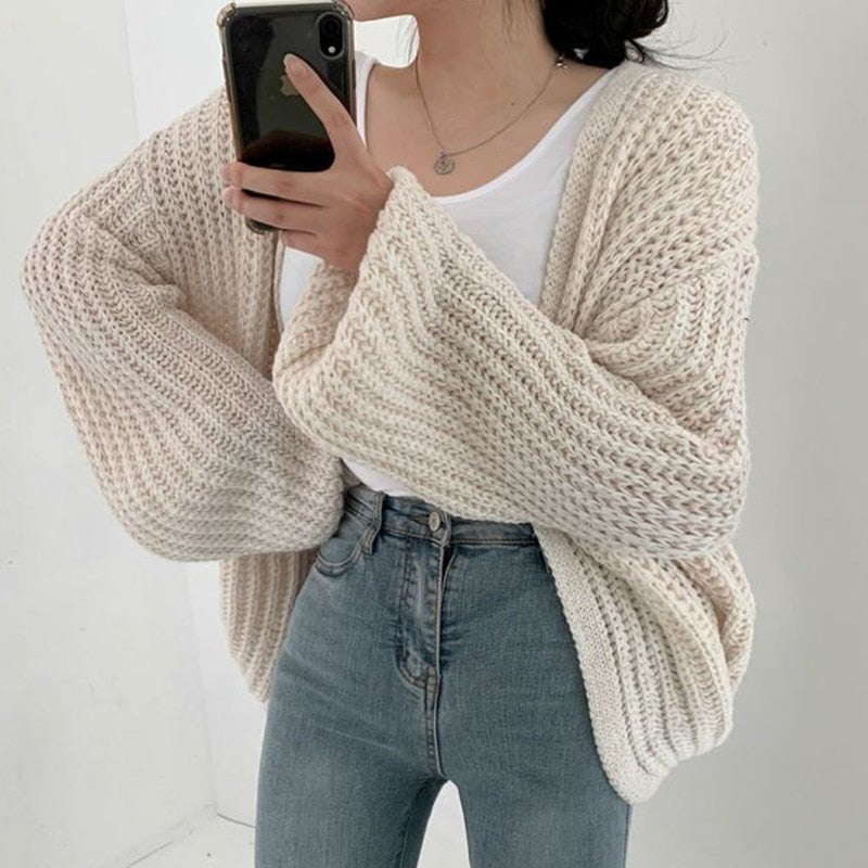 Women's Chunky Oversized Knit Ribbed Wool V-Neck Cardigan