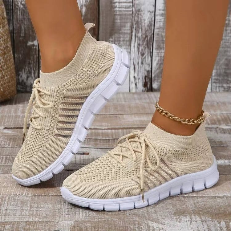 Women's Striped Knit Slip-On Trainers - Beige