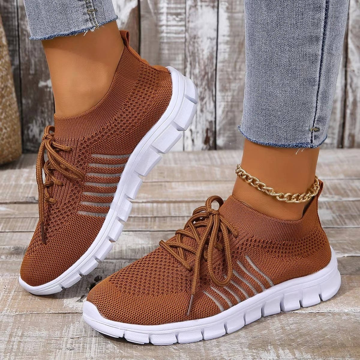 Women's Striped Knit Slip-On Trainers - Brown