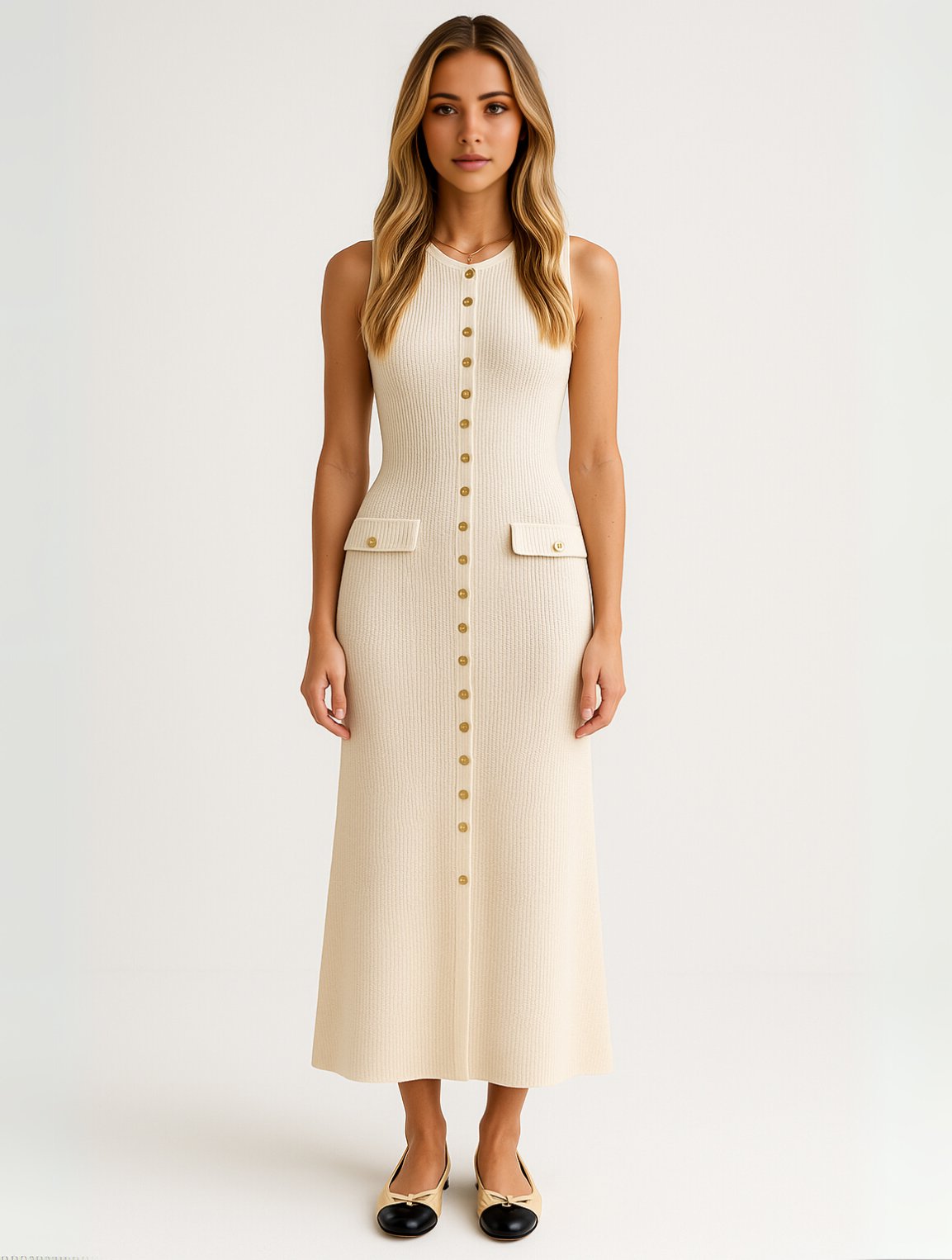 Women's Knit Ribbed Midi Dress - Ivory