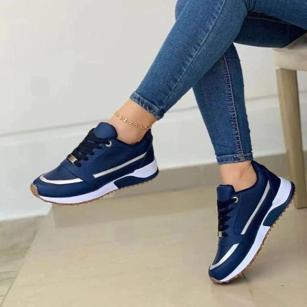 Women's Platform Lace-Up Leather Trainers - Blue