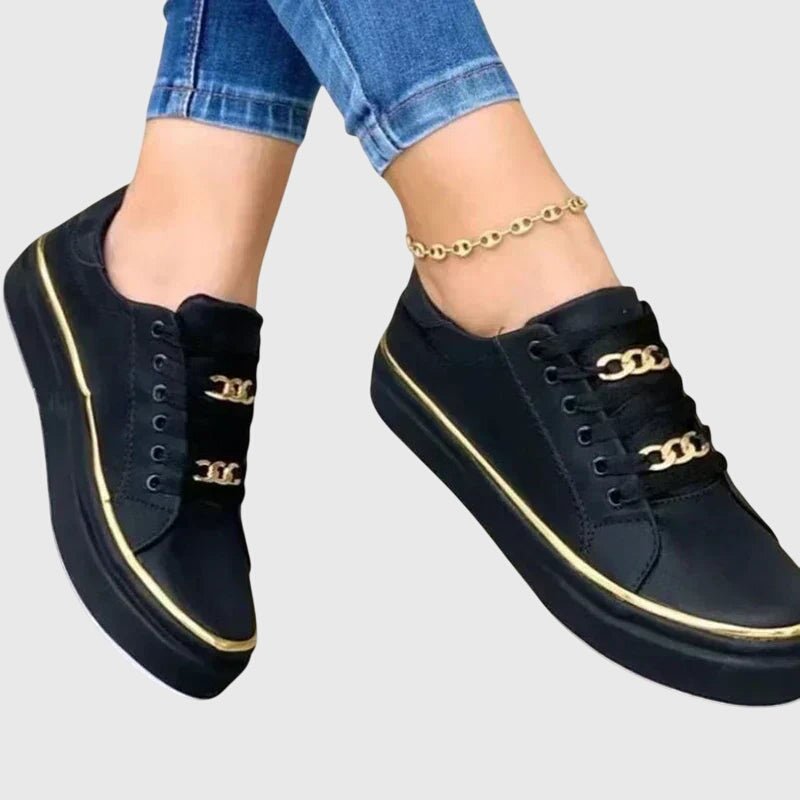 Women's Chunky Faux Leather Platform Lace-Up Trainers - Black