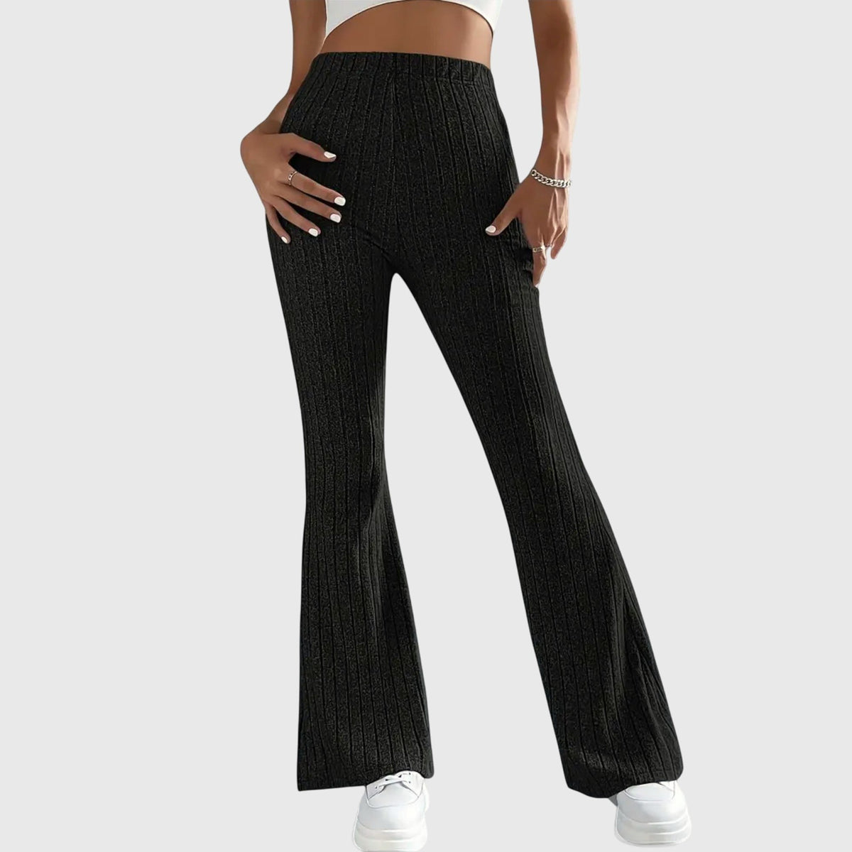 Women's Ribbed Knit High-Waisted Flare Trousers - Black