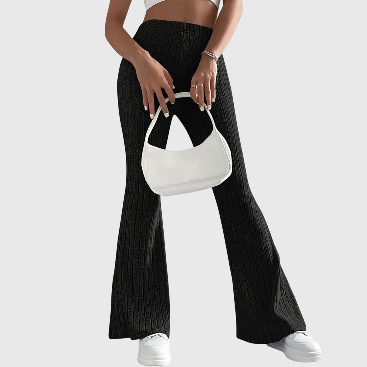Women's Ribbed Knit High-Waisted Flare Trousers