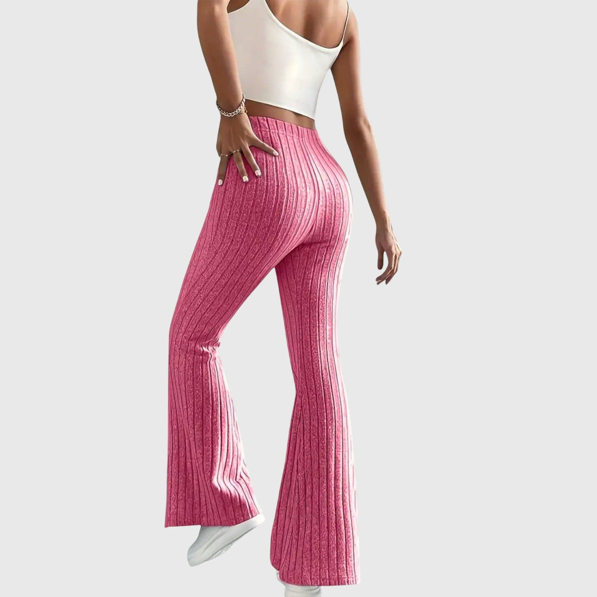 Women's Ribbed Knit High-Waisted Flare Trousers