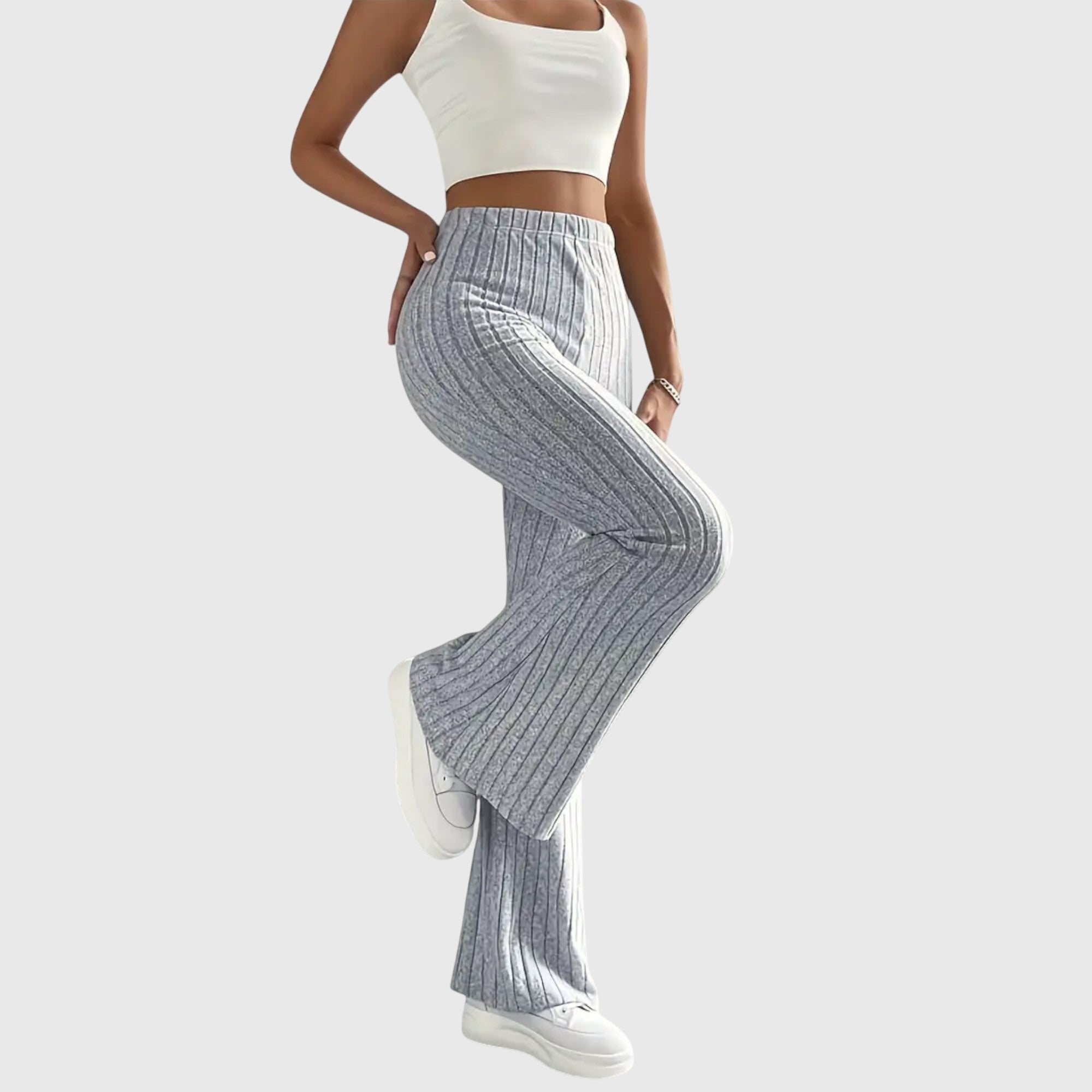Women's Ribbed Knit High-Waisted Flare Trousers