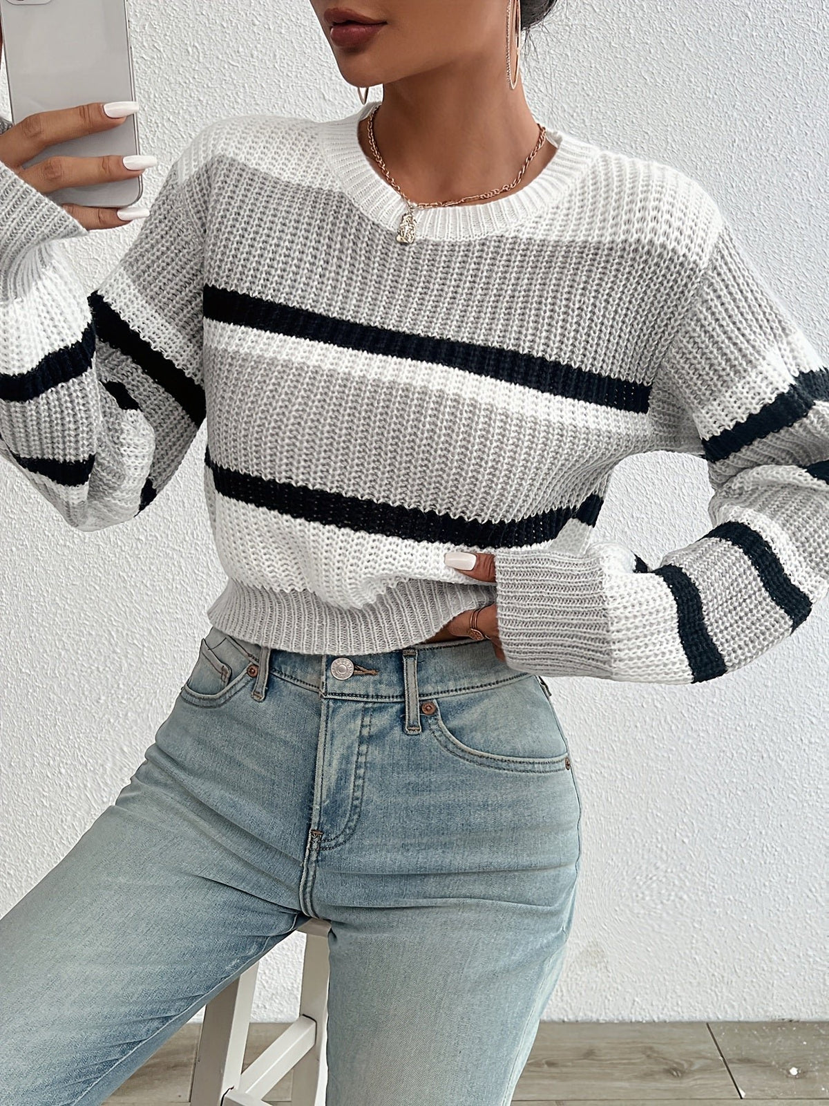 Women's Cropped Striped Ribbed Jumper