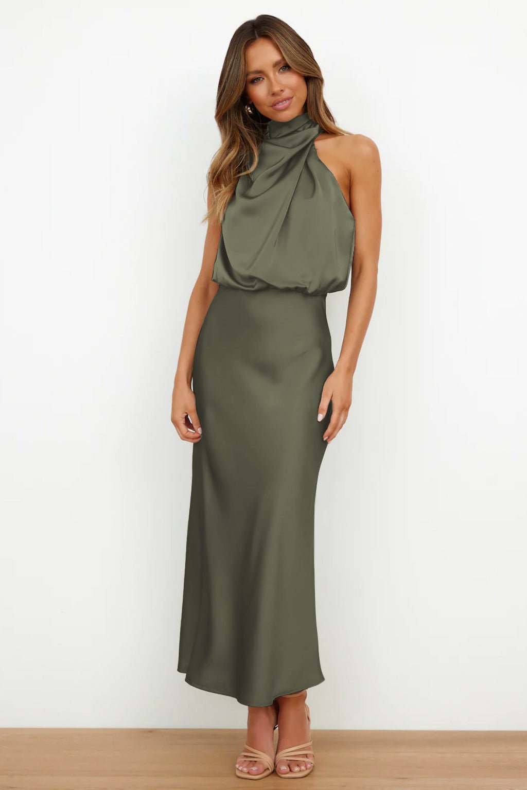 Women's Satin Halter Midi Party Dress - Olive Green