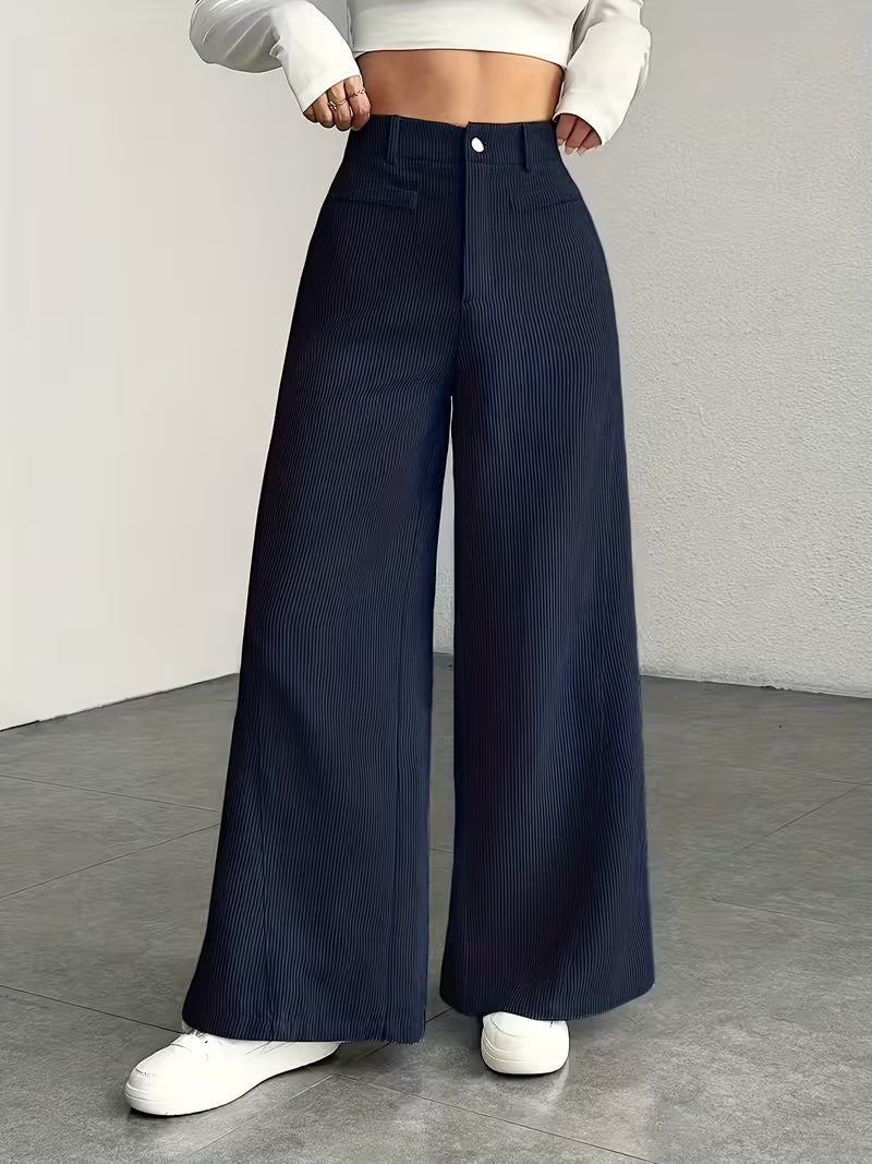 Women's High-Waisted Corduroy Wide-Leg Trousers - Navy Blue