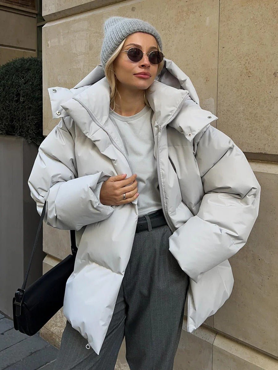 Women's Oversized Hooded Puffer Jacket - Light Gray