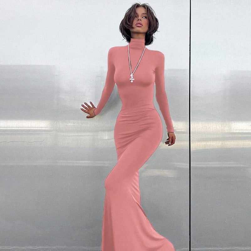 Women's Ribbed Roll Neck Bodycon Maxi Party Dress