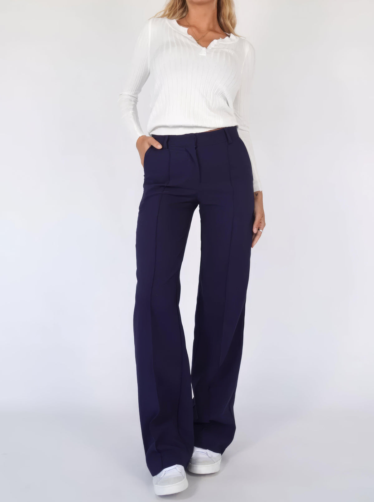 Women's Black High-Waisted Tailored Wide-Leg Trousers - Blue
