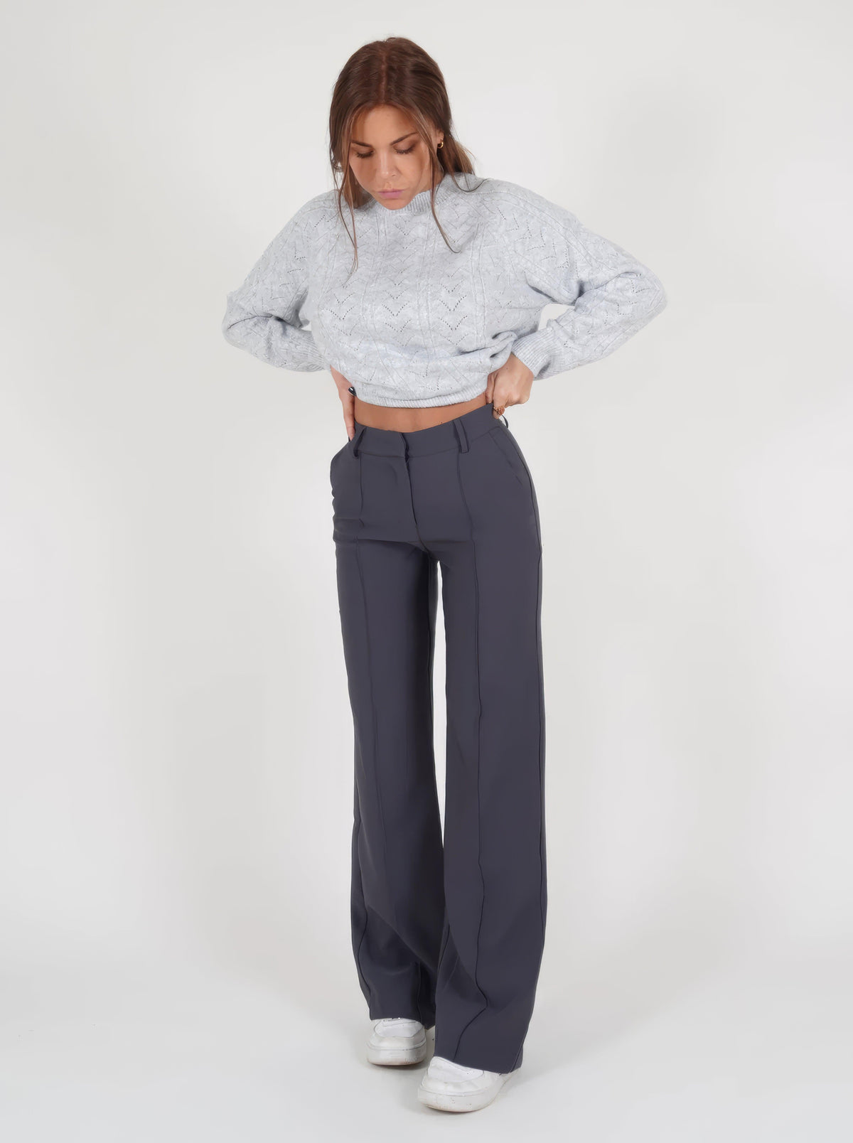 Women's Black High-Waisted Tailored Wide-Leg Trousers - Grey