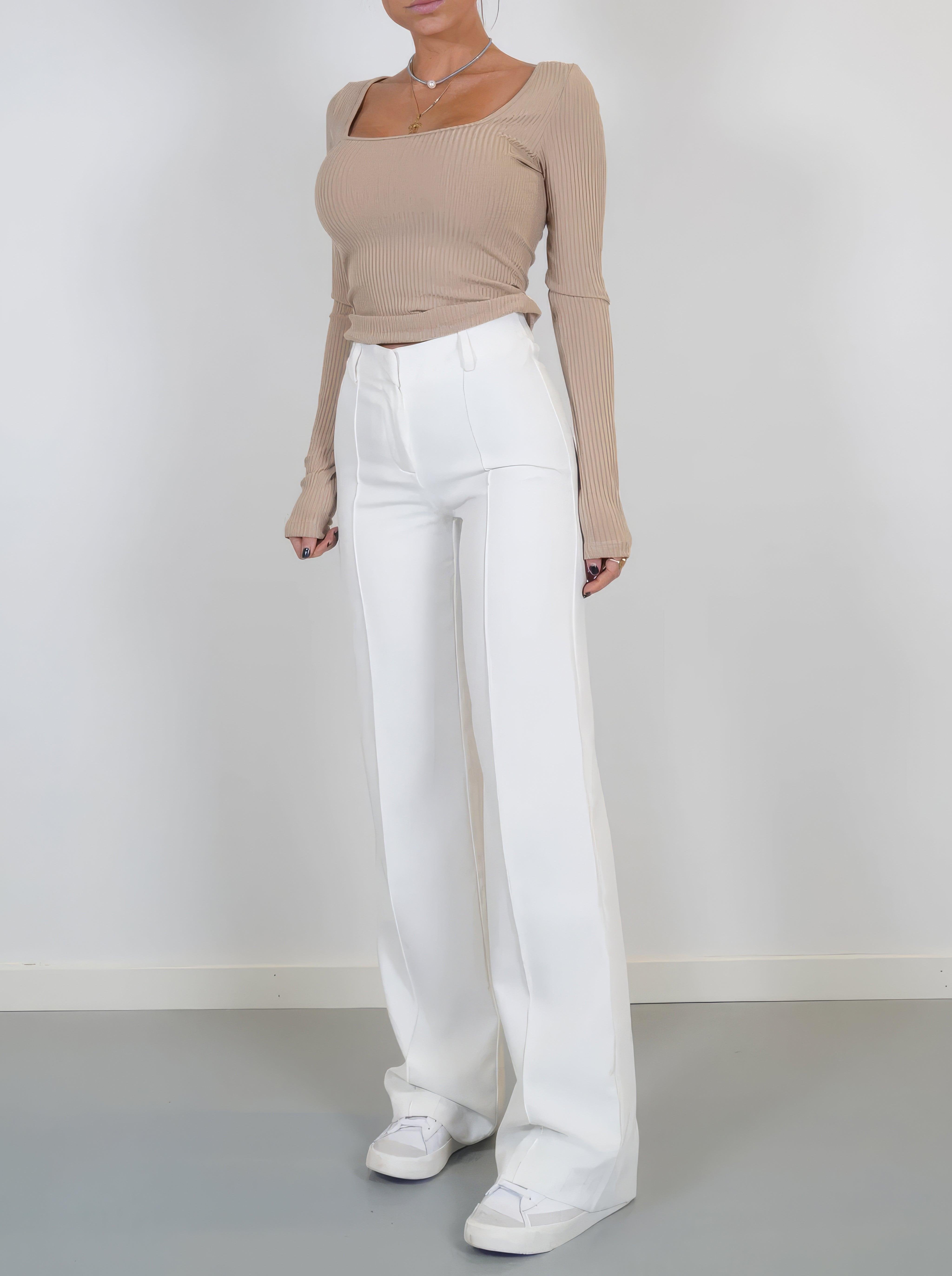 Women's Black High-Waisted Tailored Wide-Leg Trousers - White