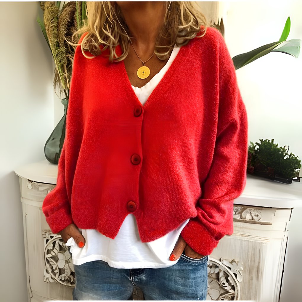 Women's Oversized Cropped V-Neck Cardigan - Red