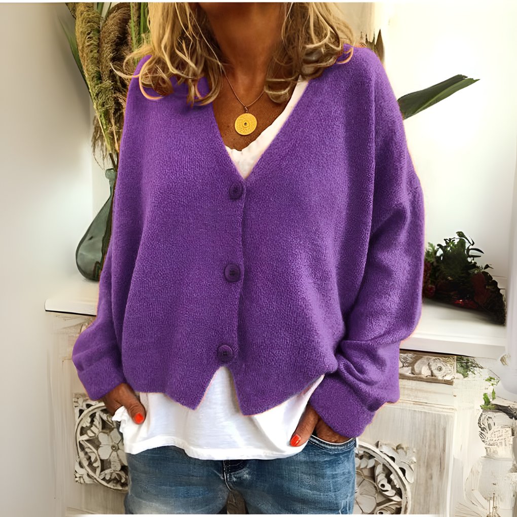 Women's Oversized Cropped V-Neck Cardigan - Purple
