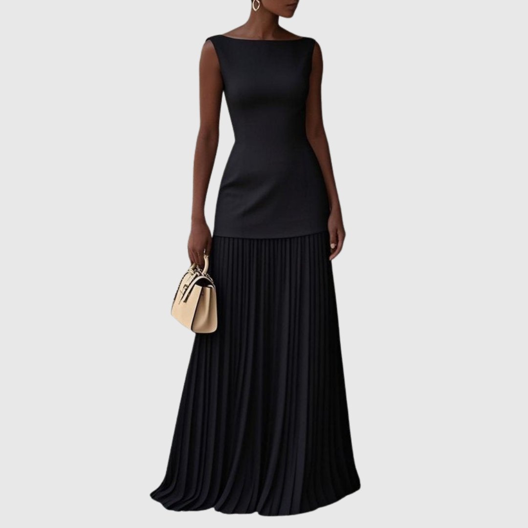 Women's Pleated Chiffon Satin Maxi Party Gown - Black