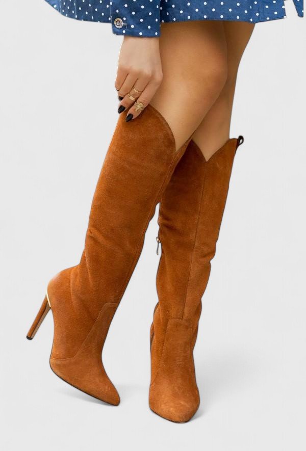 Women's Leather Knee-High Stiletto Boots - Brown Suede