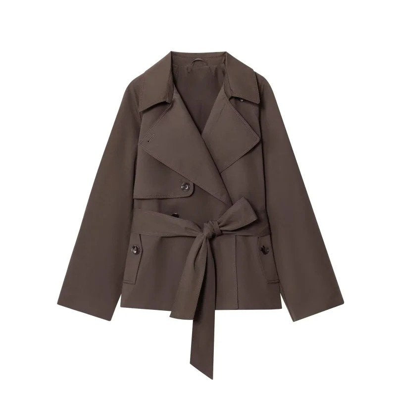 Women's Cotton Cropped Trench Jacket - Brown
