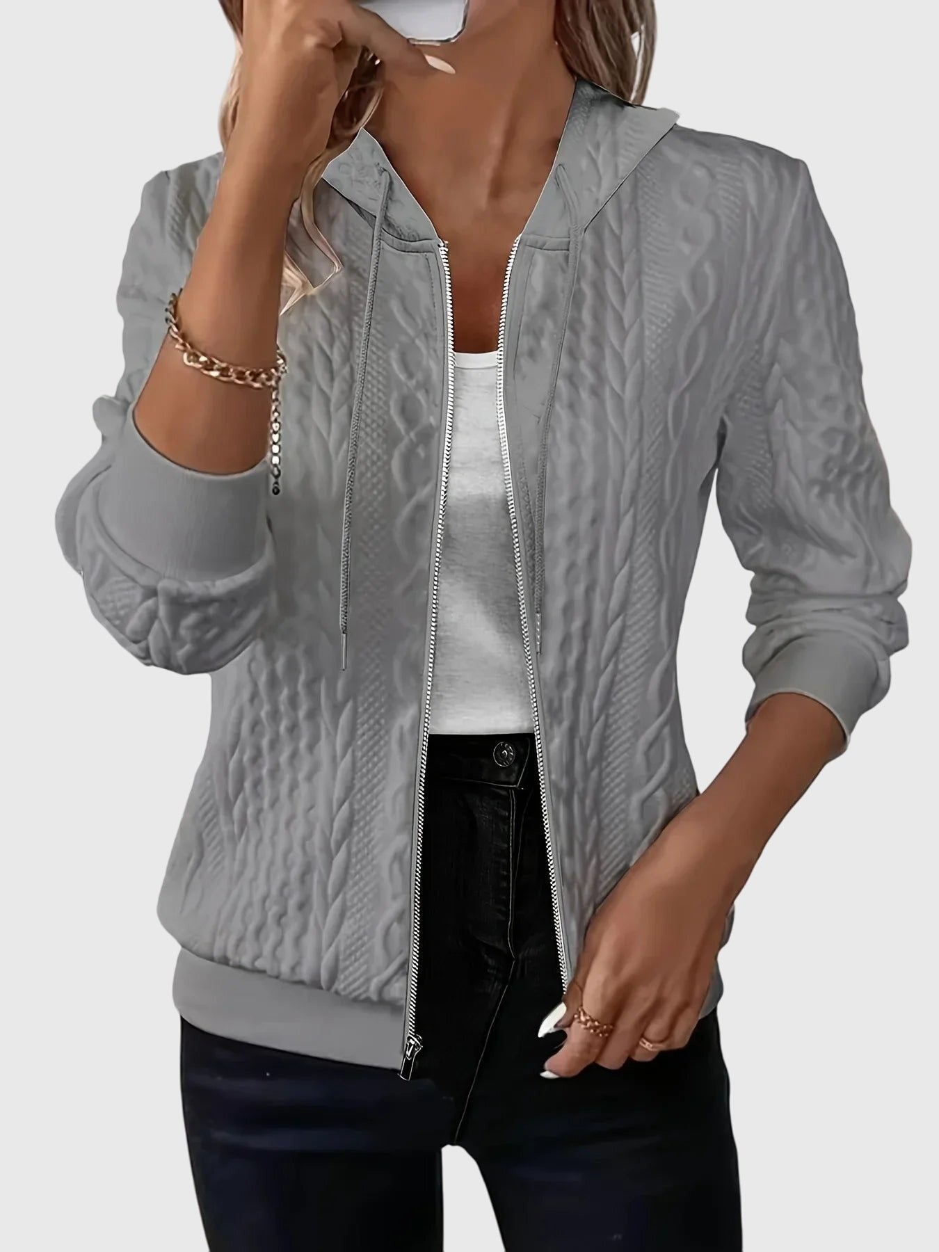 Women's Cropped Knit Hooded Jacket - Grey