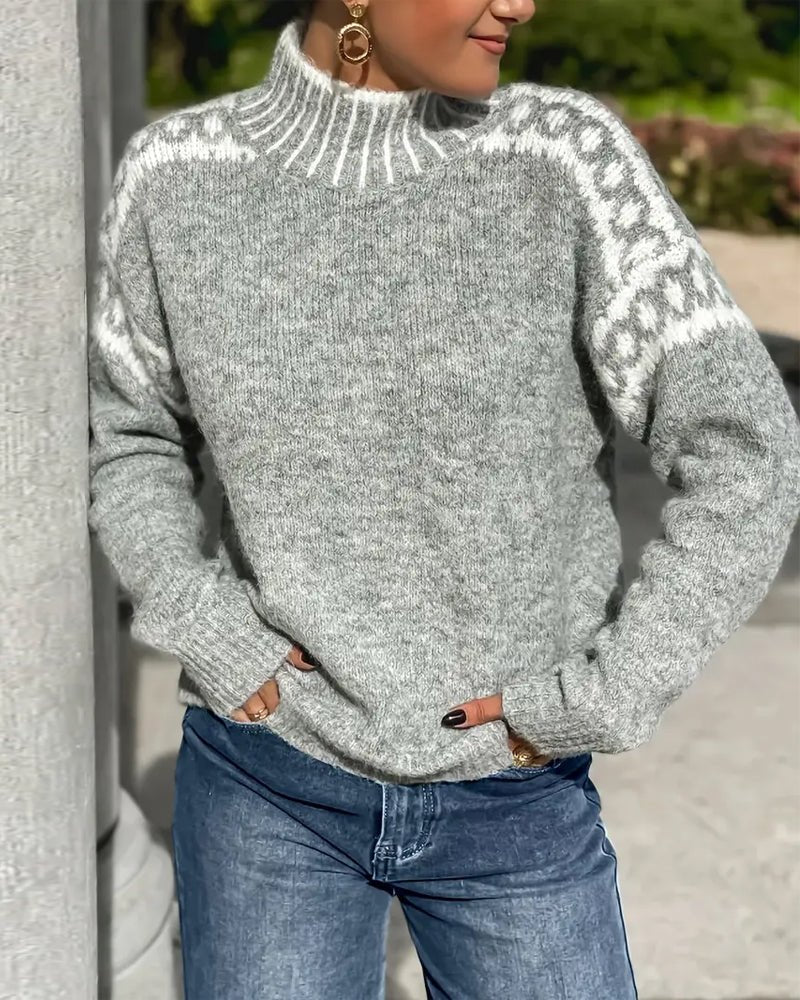 Women's Oversized Leopard Funnel Neck Jumper - Gray