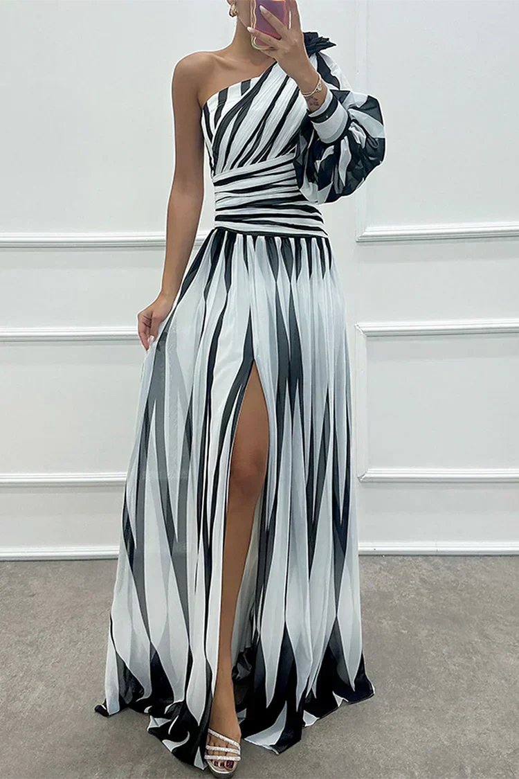 Women's Striped Satin One-Shoulder Maxi Party Gown - White