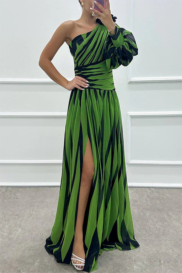 Women's Striped Satin One-Shoulder Maxi Party Gown