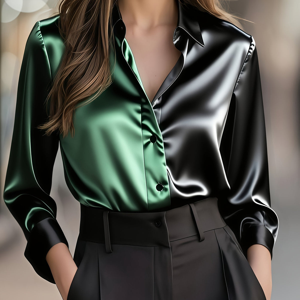 Women's Slim Satin Long Sleeve Blouse - Dark Green