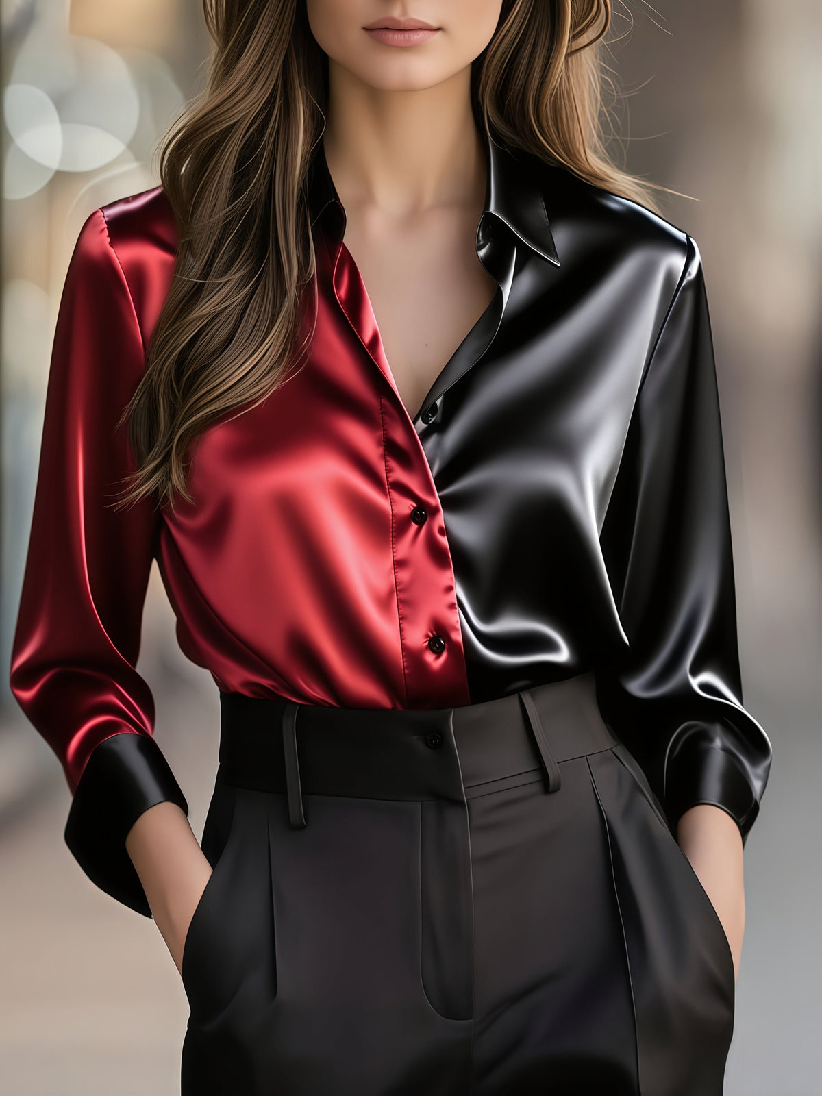 Women's Slim Satin Long Sleeve Blouse