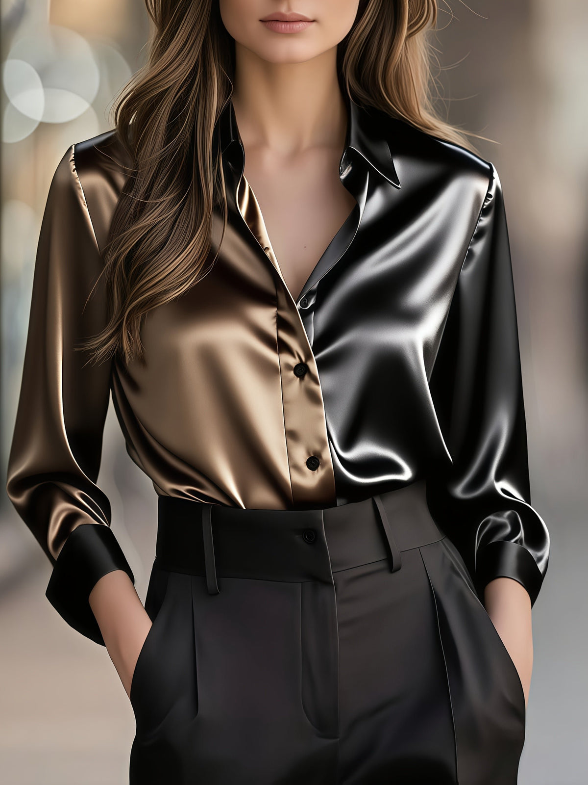 Women's Slim Satin Long Sleeve Blouse