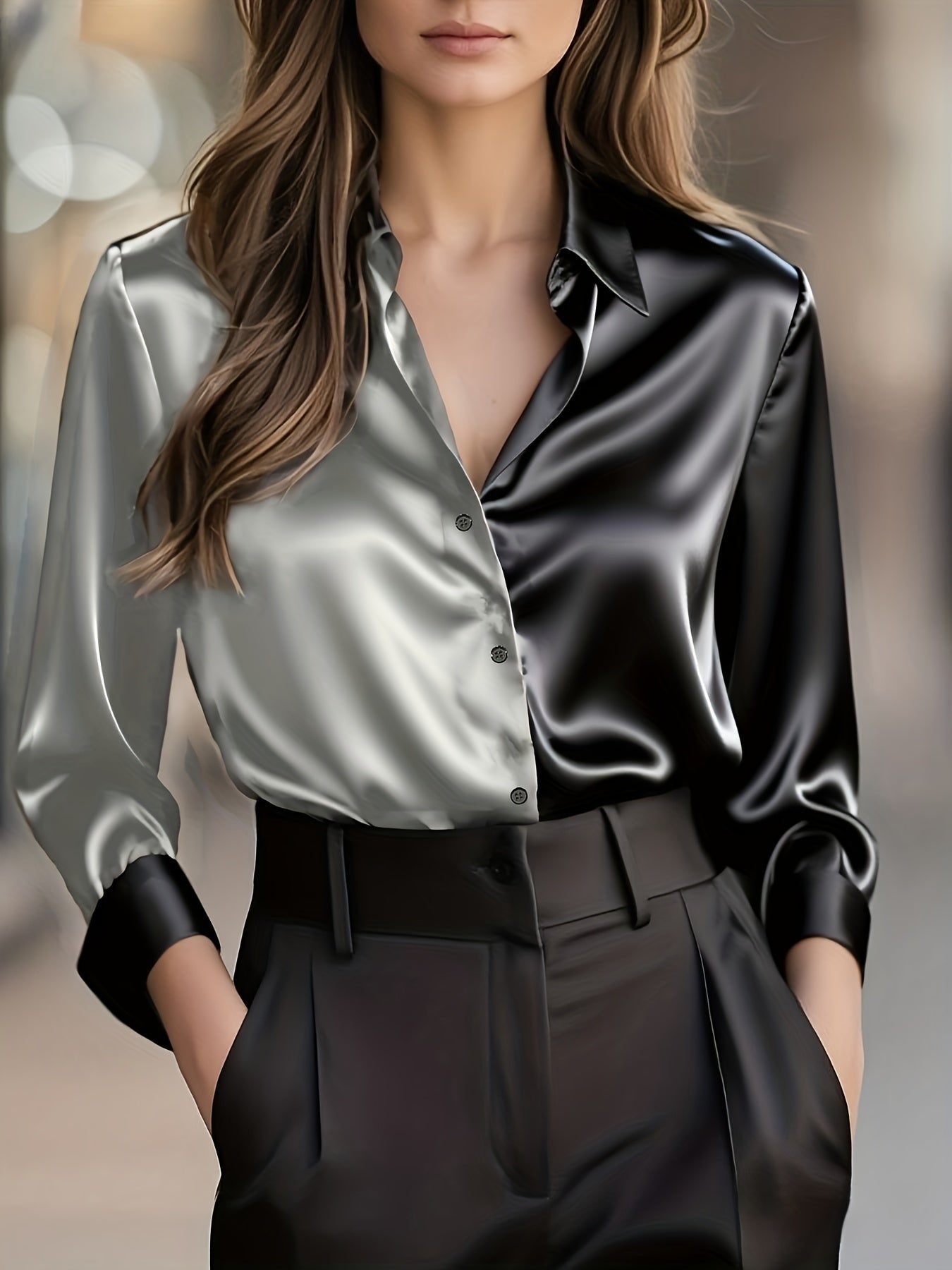 Women's Slim Satin Long Sleeve Blouse