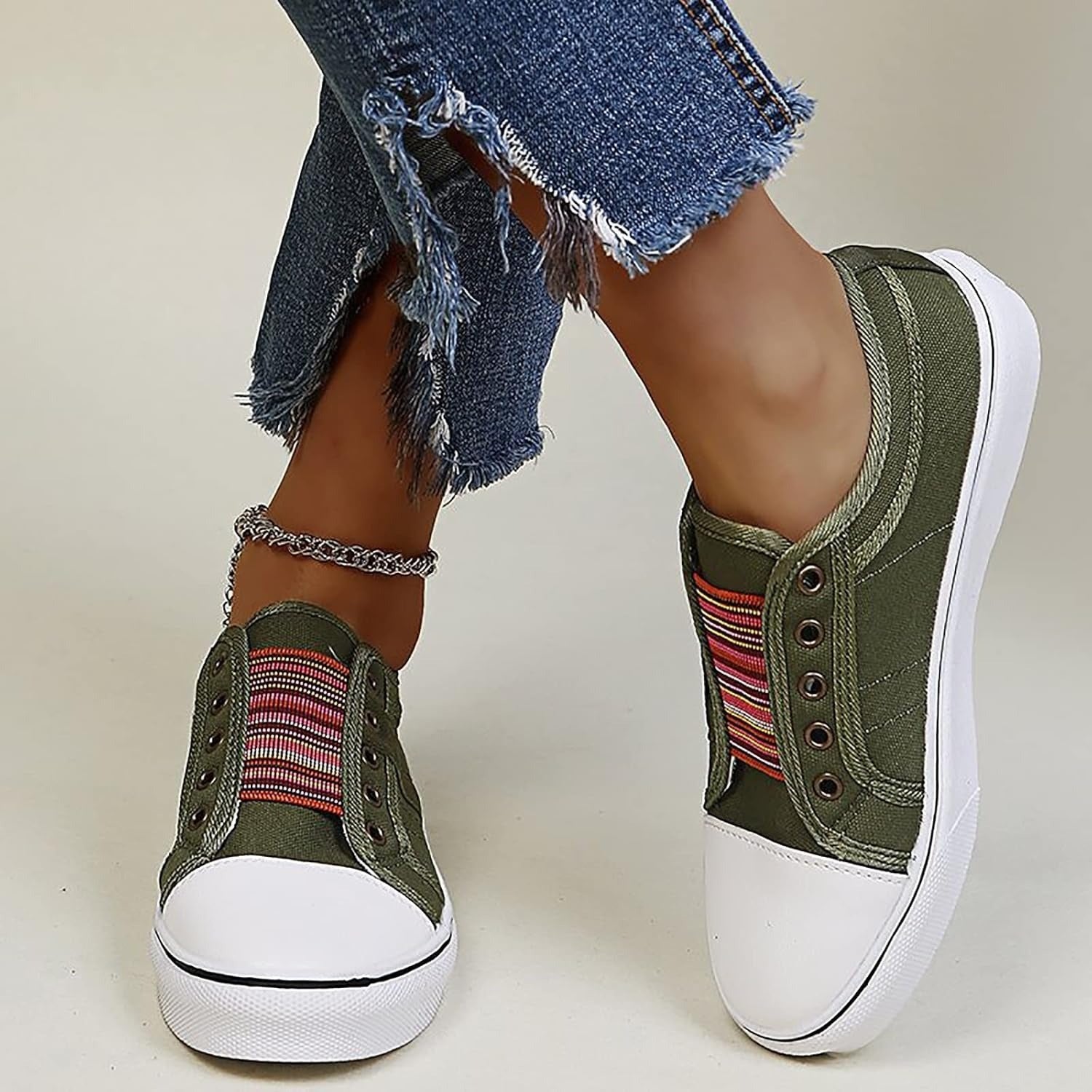 Women's Canvas Slip-On Trainers - Green