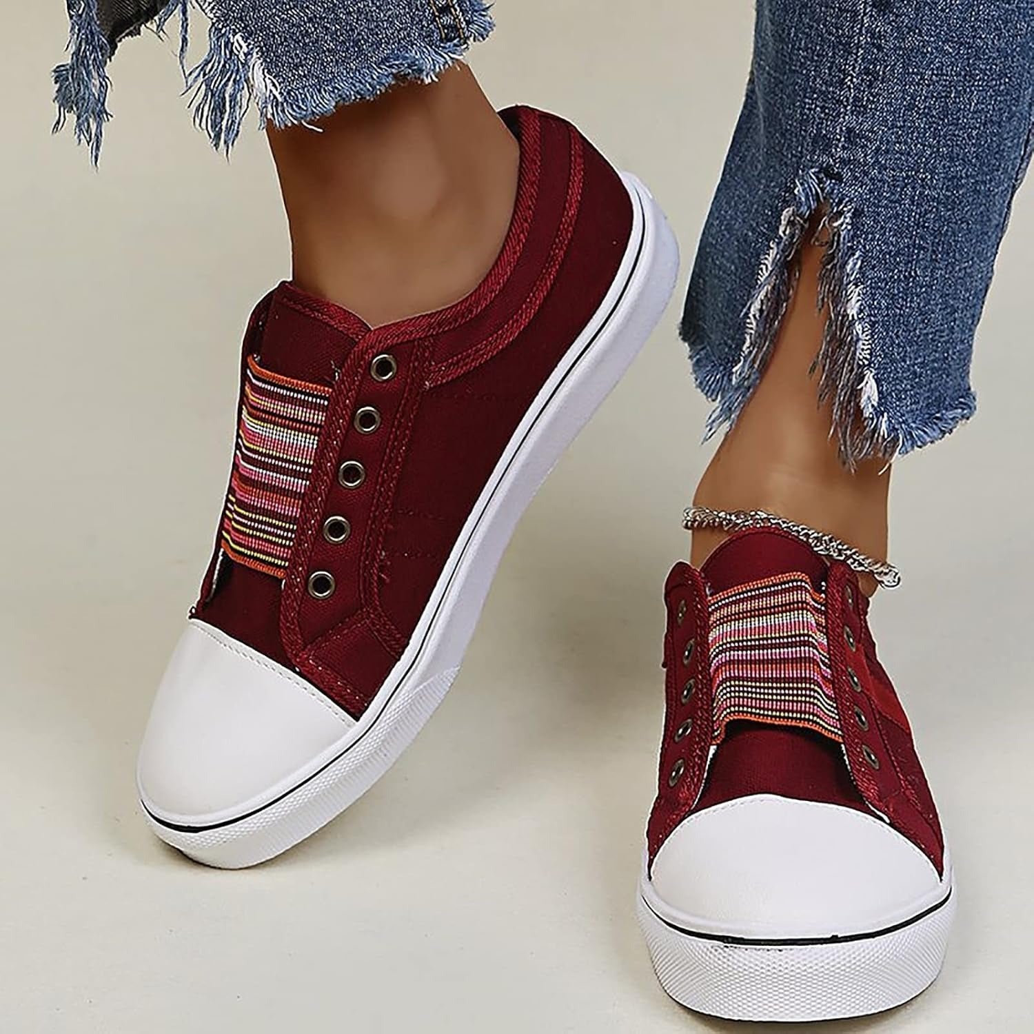 Women's Canvas Slip-On Trainers - Wine Red