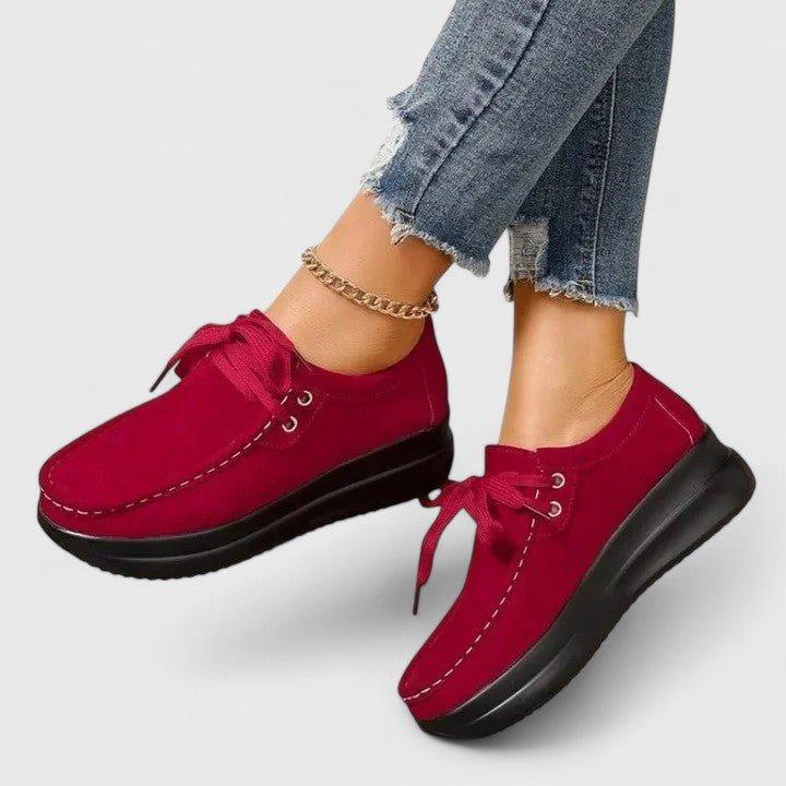 Women's Moccasin Suede Lace-Up Wedge Platform Trainers - Red