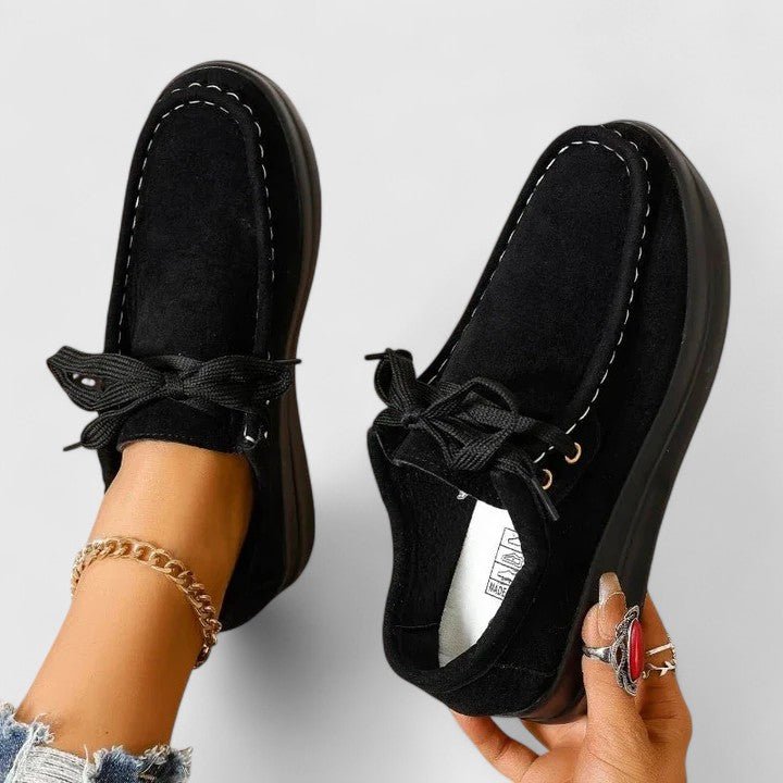 Women's Moccasin Suede Lace-Up Wedge Platform Trainers - Black