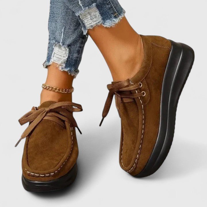 Women's Moccasin Suede Lace-Up Wedge Platform Trainers - Brown
