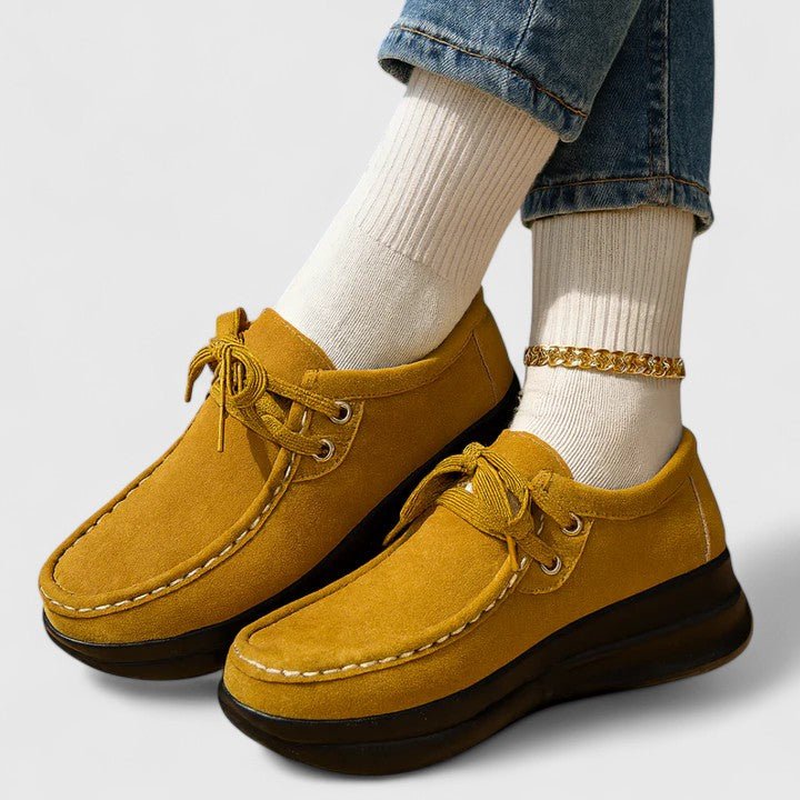 Women's Moccasin Suede Lace-Up Wedge Platform Trainers - Yellow