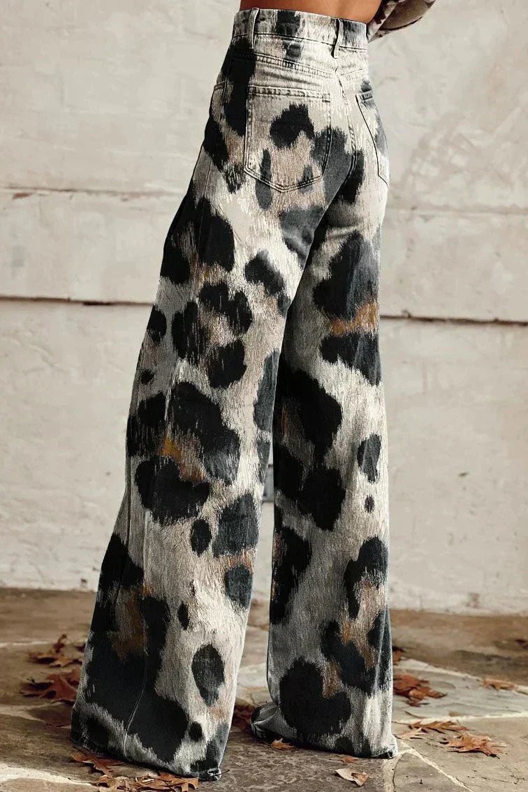 Women's Black Leopard High-Waisted Wide-Leg Jeans