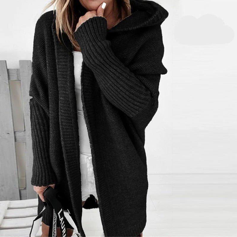 Women's Chunky Oversized Knit Ribbed Longline Cardigan - Black