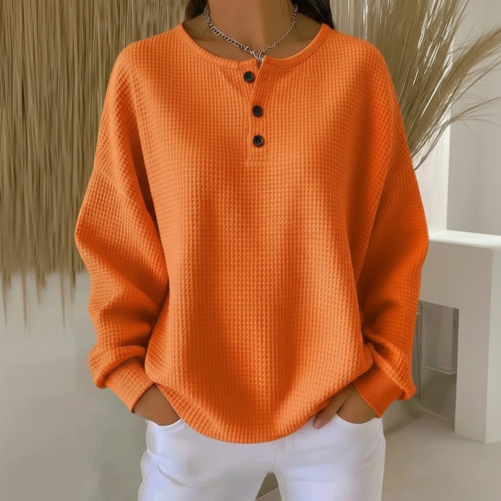 Women's Oversized Waffle Knit Henley Long Sleeve Top