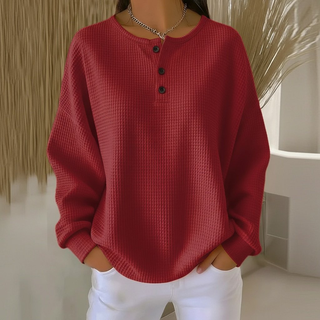 Women's Oversized Waffle Knit Henley Long Sleeve Top