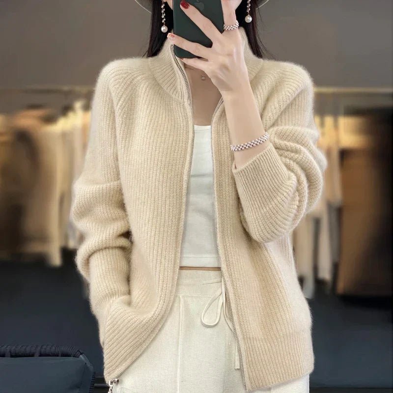 Women's Ribbed Wool Cardigan - Beige