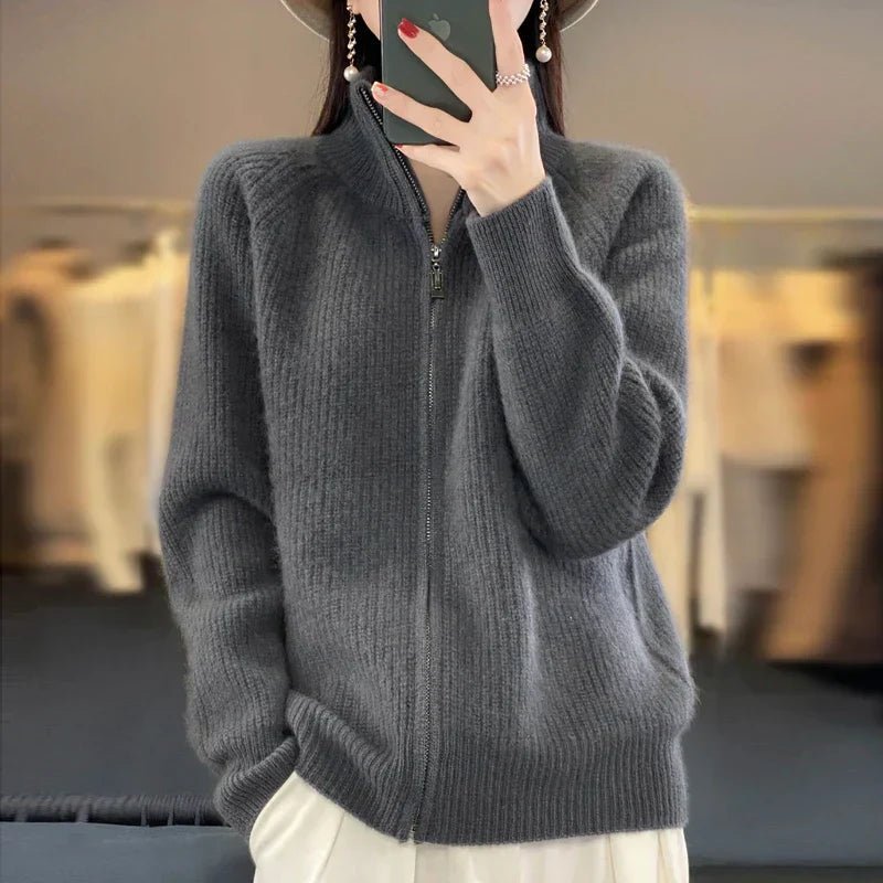 Women's Ribbed Wool Cardigan - Grey