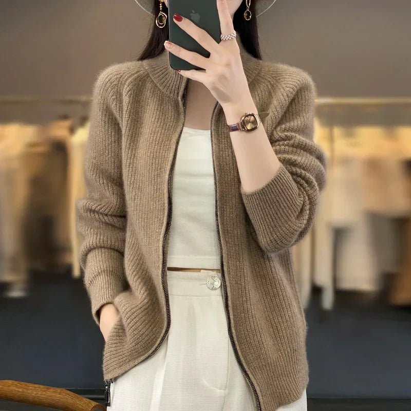 Women's Ribbed Wool Cardigan - Camel