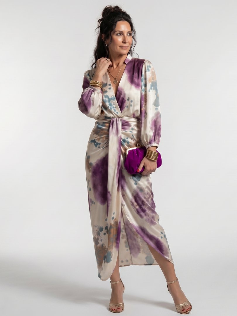 Women's Tie-Dye Satin Midi Party Wrap Dress