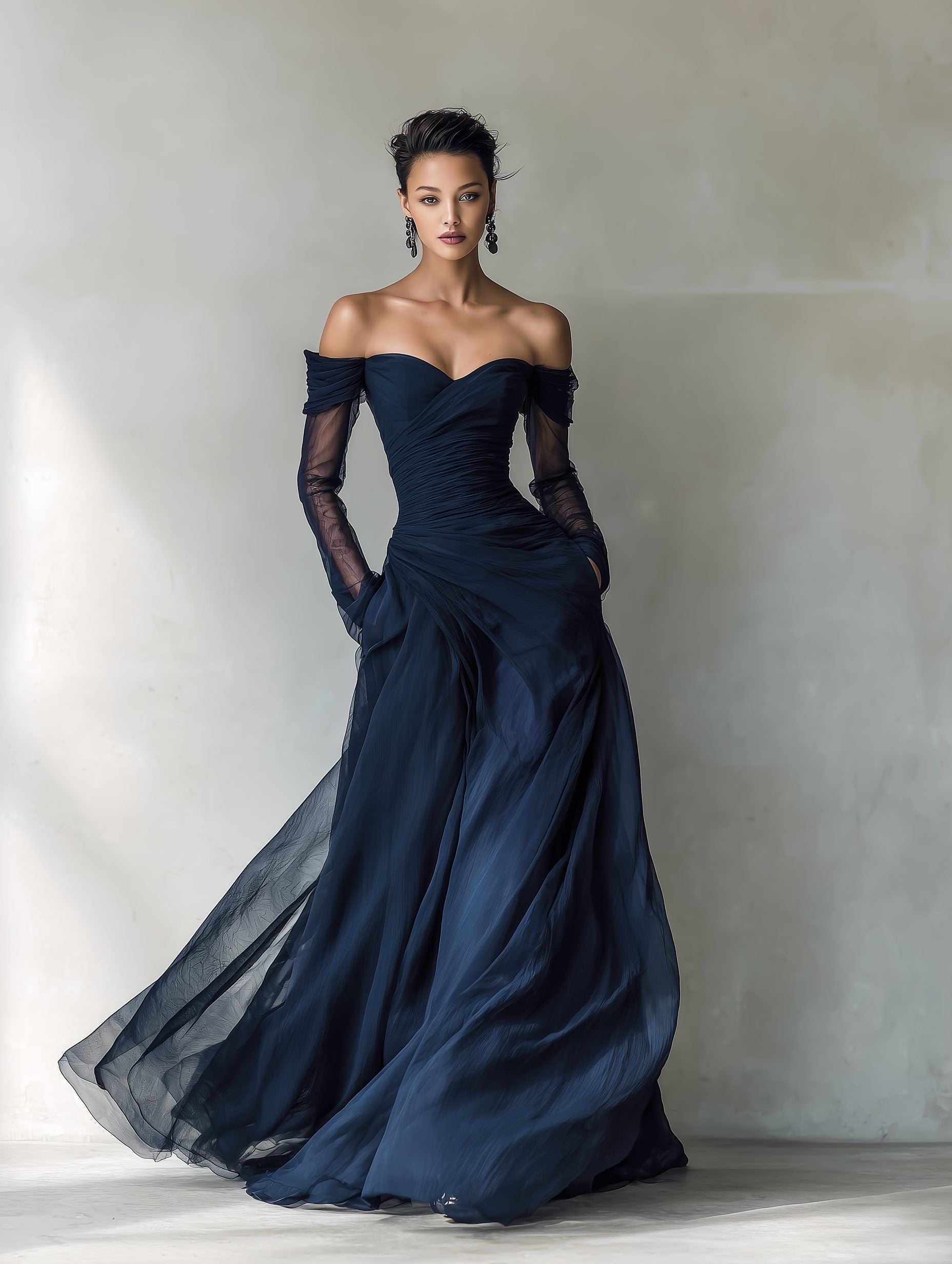 Women's Chiffon Evening Long Sleeve Off-Shoulder Maxi Party Gown