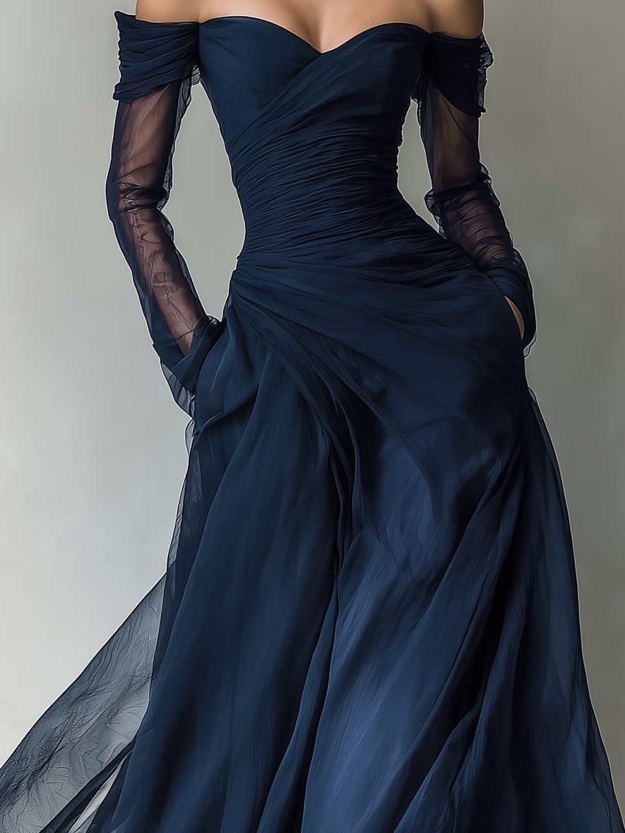 Women's Chiffon Evening Long Sleeve Off-Shoulder Maxi Party Gown