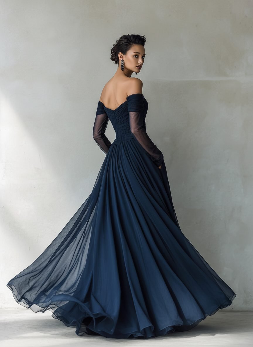 Women's Chiffon Evening Long Sleeve Off-Shoulder Maxi Party Gown