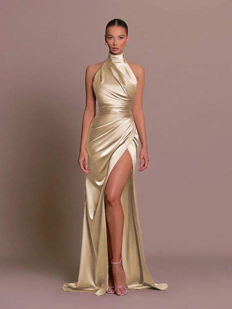 Women's Mermaid Evening Satin Halter Maxi Party Gown - Gold